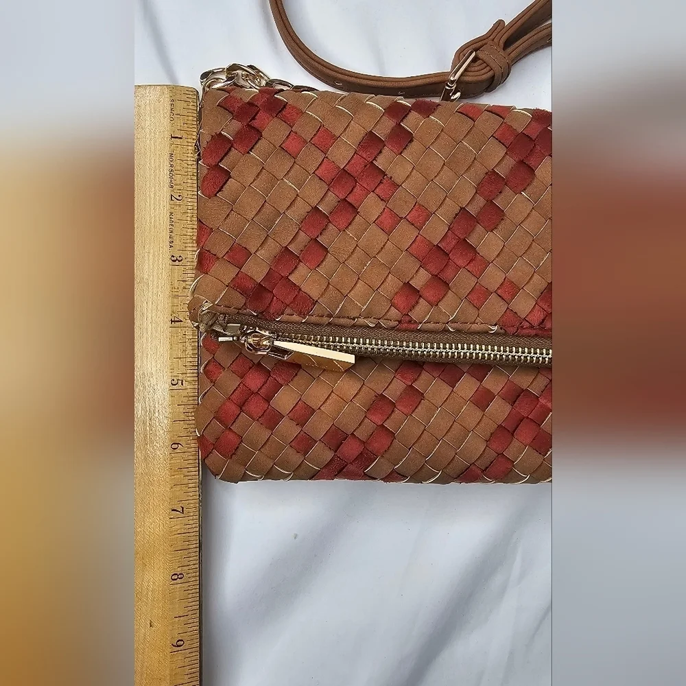 ​Deux Lux Woven Foldover Crossbody Bag Brown Burgundy Weave Chain Strap Clutch